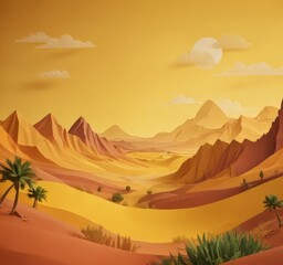 Aufkleber - A desert landscape with mountains, palm trees, and a large sun in the sky