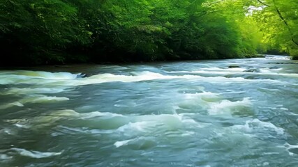 Poster - Witness the wild river flowing rapidly through a lush green forest, cascading over rocks and stones, showcasing nature's power and motion