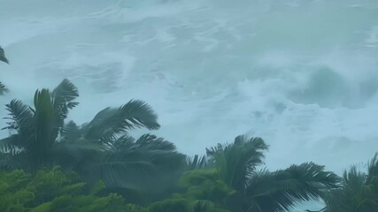 Poster - Turquoise blue ocean waves are creating a whitewash as they crash on the shore of a tropical island during a storm with palm trees swaying in the wind