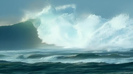 Poster - Crashing ocean waves create misty spray, forming dramatic cloudscape. Blue and green hues intensify stormy weather, captivating seascape. Foam adds natural beauty, light shines through clouds