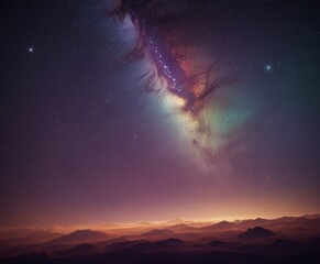 Poster - The Milky Way Galaxy, a spiral galaxy, is visible in the night sky above a mountainous landscape The galaxy's spiral arms are illuminated by the glow of distant stars, creating