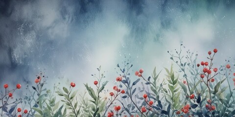 Aufkleber - A watercolor painting depicting a field of red berries and green leaves against a blue sky with white clouds
