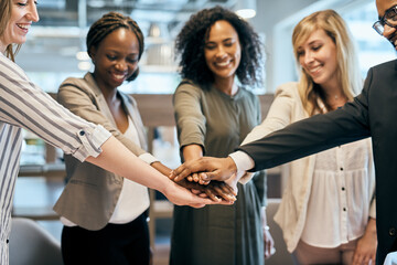 Aufkleber - Happy, business people and huddle with hands together for teamwork, motivation or unity at office. Young, group or employee piling with smile for solidarity, diversity or inclusion at workplace