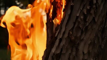 Poster - Burning tree trunk in flames shows the destructive power of wildfires, highlighting danger and devastation in nature. Smoke and ash remind us of climate change impact