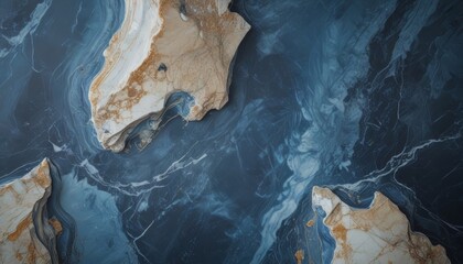 Leinwandbilder - Aerial view marble surface with swirling patterns of blue and white marble, resembling the ocean or sea
