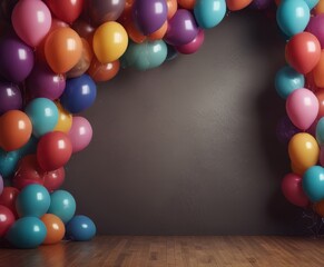 Fototapete - A cluster of colorful balloons in various shades of pink, orange, yellow, blue, and purple is arranged in a semi-circle against a dark background, creating a festive