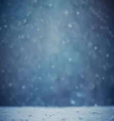 Poster - A blurred of snowflakes falling against a dark blue background, with a focus on the snow-covered ground in the foreground