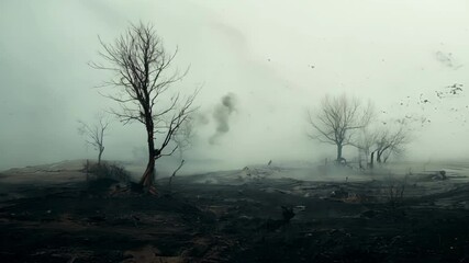 Poster - Thick smoke and heavy fog hang over a devastated landscape, with leafless trees standing as a stark reminder of recent natural disaster