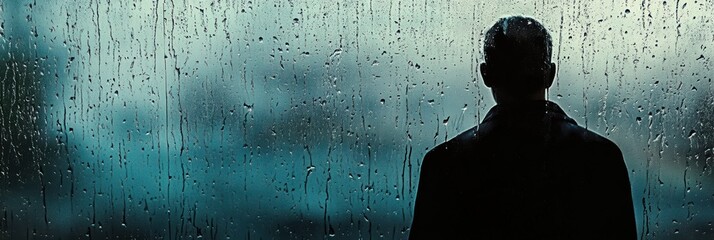 Aufkleber - A solitary person stands by a rain-soaked window, reflecting on their thoughts as raindrops cascade down the glass, creating a melancholic atmosphere. Generative AI