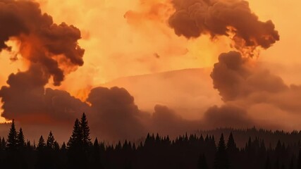 Poster - Wildfire rages through a forest, with smoke and flames rising. An airplane heads to extinguish the blaze. The fire's colors stand out against trees, a reminder of climate change dangers