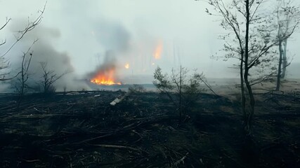 Poster - Forest on fire, smoke thick, trees burning, destruction left behind