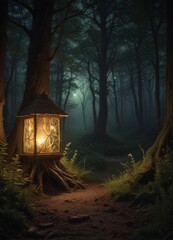 Poster - A lantern-lit path leads through a dense, dark forest, with the faint glow light source visible in the distance