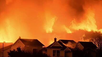 Poster - Huge flames destroying trees and approaching suburban houses, during a dangerous wildfire burning everything on its path