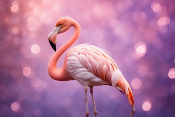 Wall Mural - A flamingo with delicate pink lotus flowers on its back standing in front of a soft pink, Ai Generated