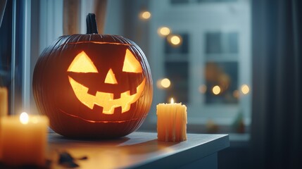 Wall Mural - A glowing jack-o'-lantern sits on a windowsill, surrounded by candles, exuding a warm Halloween ambiance on a cozy evening.