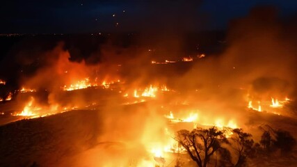 Poster - Raging wildfire consumes trees on a hillside, creating a dramatic scene of destruction with orange, red, and yellow flames illuminating the night sky