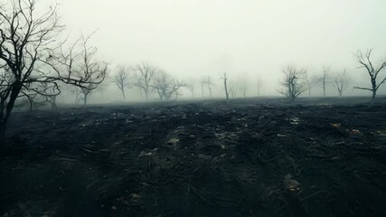 Poster - Charred landscape showing the devastating aftermath of a wildfire, with smoke filling the air and burnt trees standing as a stark reminder of the destruction