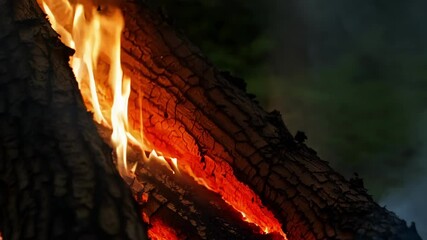 Aufkleber - Close up of a burning log consumed by bright orange flames, creating a captivating scene of heat and destruction in the wilderness