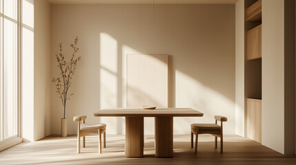 An open, airy dining space featuring a plain wooden table and two chairs, positioned symmetrically. The room is bathed in soft natural light, with no clutter in sight