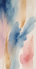 Poster - Abstract Watercolor Painting featuring blue, pink, and gold splashes and drips, with a textured and layered appearance