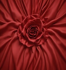 Fototapete - A close-up view red rose with a large, ruffled petal against a background of flowing, red satin fabric