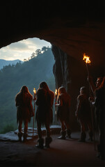 Wall Mural - a primitive tribe of ancient people in animal skins stands by a large fire in a cave. neanderthals. 