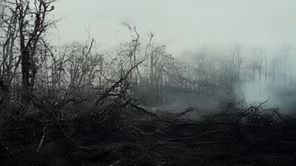 Poster - Charred trees stand tall on scorched earth after a wildfire ravaged the forest, showing the impact of global warming and climate change