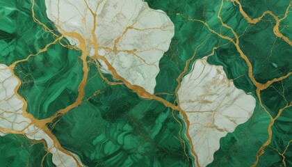 Leinwandbilder - a close-up view marble surface with a striking pattern of green and white marble, accented by gold lines and cracks