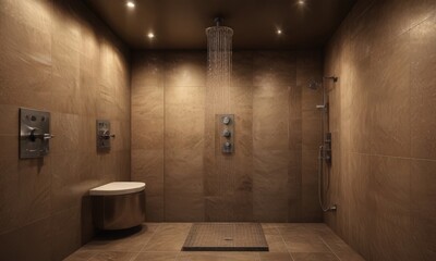 Aufkleber - A modern, tiled walk-in shower with a circular shower head and multiple shower heads, illuminated by recessed lighting