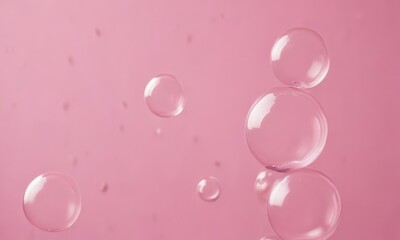 Poster - A close-up view of several transparent soap bubbles floating against a pink background