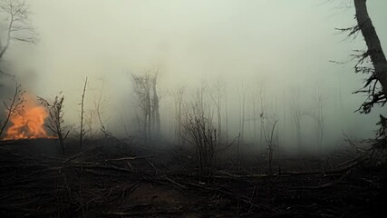 Poster - Wildfire burning out of control in a forest, creating a dense cloud of smoke that fills the air and blankets the ground in ash