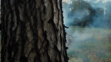 Poster - Close up view of rough tree bark with billowing smoke in the background, suggesting a wildfire. Captures nature's destructive power and impact of climate change