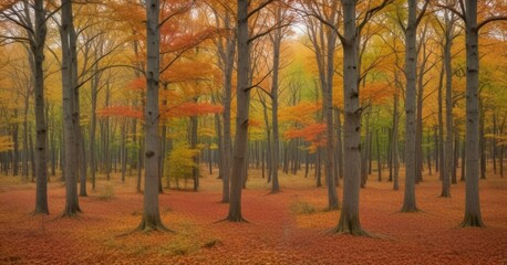 Poster - A serene autumn scene in a forest, with tall trees displaying vibrant orange and yellow leaves, and a carpet of fallen leaves covering the ground