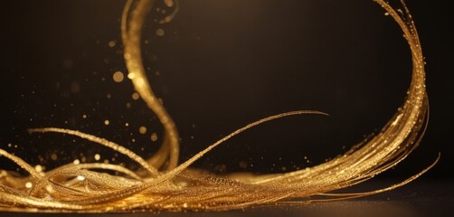 Fototapete - Golden strands of hair sway against a dark background, creating a dynamic and ethereal visual effect