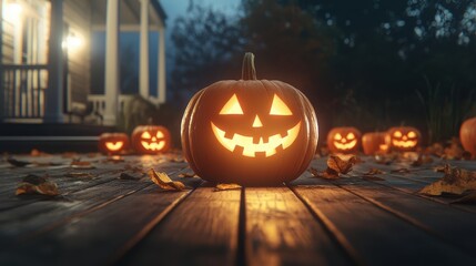 Wall Mural - A glowing jack-o'-lantern sits on a wooden deck surrounded by smaller pumpkins, with autumn leaves scattered around and a cozy house in the background.