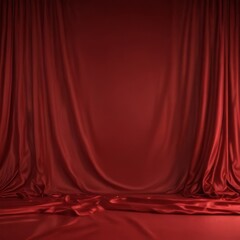 Poster - A red curtain with a smooth, flowing texture is draped over a wooden floor, creating a dramatic and elegant backdrop