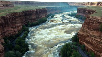 Aufkleber - Muddy water is rushing down a canyon after heavy rains, trees and bushes are growing on the sides of the river