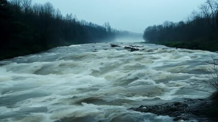 Poster - River overflowing after heavy rain floods forest on cold, foggy morning, creating dangerous situation in natural environment. Trees submerged in rising waters show power of nature in stormy weather
