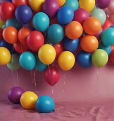Poster - A vibrant array of multicolored balloons, including red, blue, yellow, and green, floats against a pink backdrop, creating a festive and celebratory atmosphere
