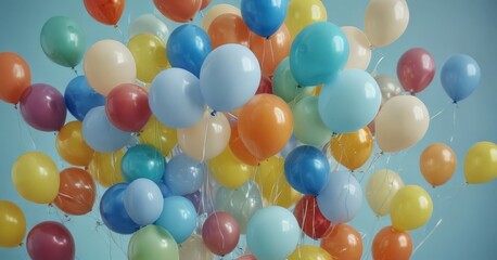 Fototapete - A vibrant bouquet of multicolored balloons, including red, blue, yellow, and white, floats against a light blue background