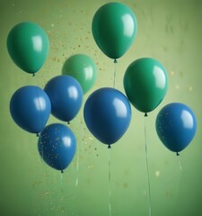 Poster - A cluster of nine balloons, four blue and five green, floats against a green background with gold confetti