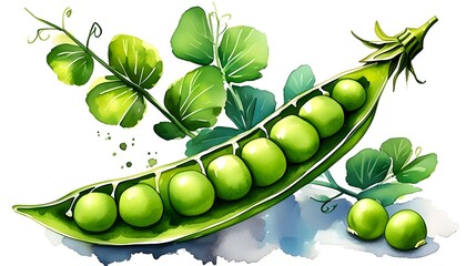 Wall Mural - Watercolor depiction of a pea pod containing five peas surrounded by lush green leaves