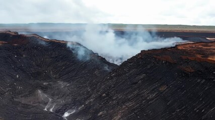 Poster - Aerial view of a massive volcanic crater billowing with fumes inside a caldera, showing solidified lava flows and the raw power of nature