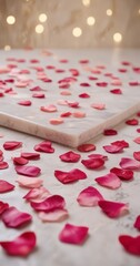 Poster - A marble surface adorned with a scattering of pink and red rose petals, creating a romantic and serene atmosphere