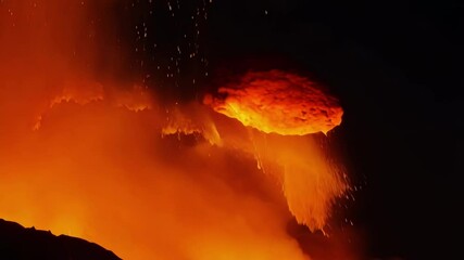 Poster - Fiery red magma bursts from a volcanic crater, casting a brilliant glow against the night sky and showering sparks in all directions, showcasing the raw power and danger of the eruption