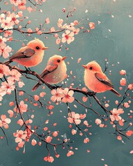 Wall Mural - whimsical cozy cute cartoon Three charming birds perched on a blooming branch, surrounded by soft pink flowers, creating a serene and colorful spring scene.