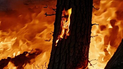 Poster - Flames engulfing a tree trunk during a devastating wildfire, highlighting the destructive power of nature and the urgent need for environmental protection