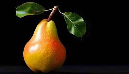 Vibrant yellow-orange pear with pink blush and green leaf, elegantly isolated against a rich black backdrop