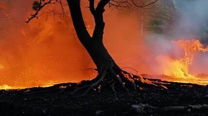 Poster - Raging wildfire consumes a tree in a field, with flames casting an apocalyptic glow and smoke billowing into the sky, showing the impact of climate change