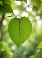 Poster - A close-up large, vibrant green leaf with a heart shape, set against a blurred, natural background of more leaves and branches